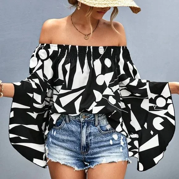 Boho Geo Print Off Shoulder Flounce Sleeve Blouse Black And White - Picture 2 of 5